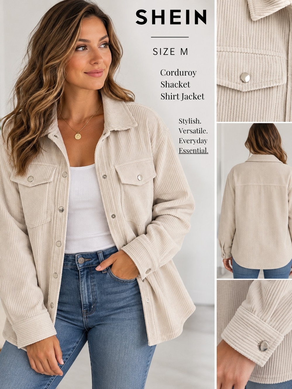 SHEIN Womens Beige Corduroy Shacket Snap Front Oversized Shirt Jacket